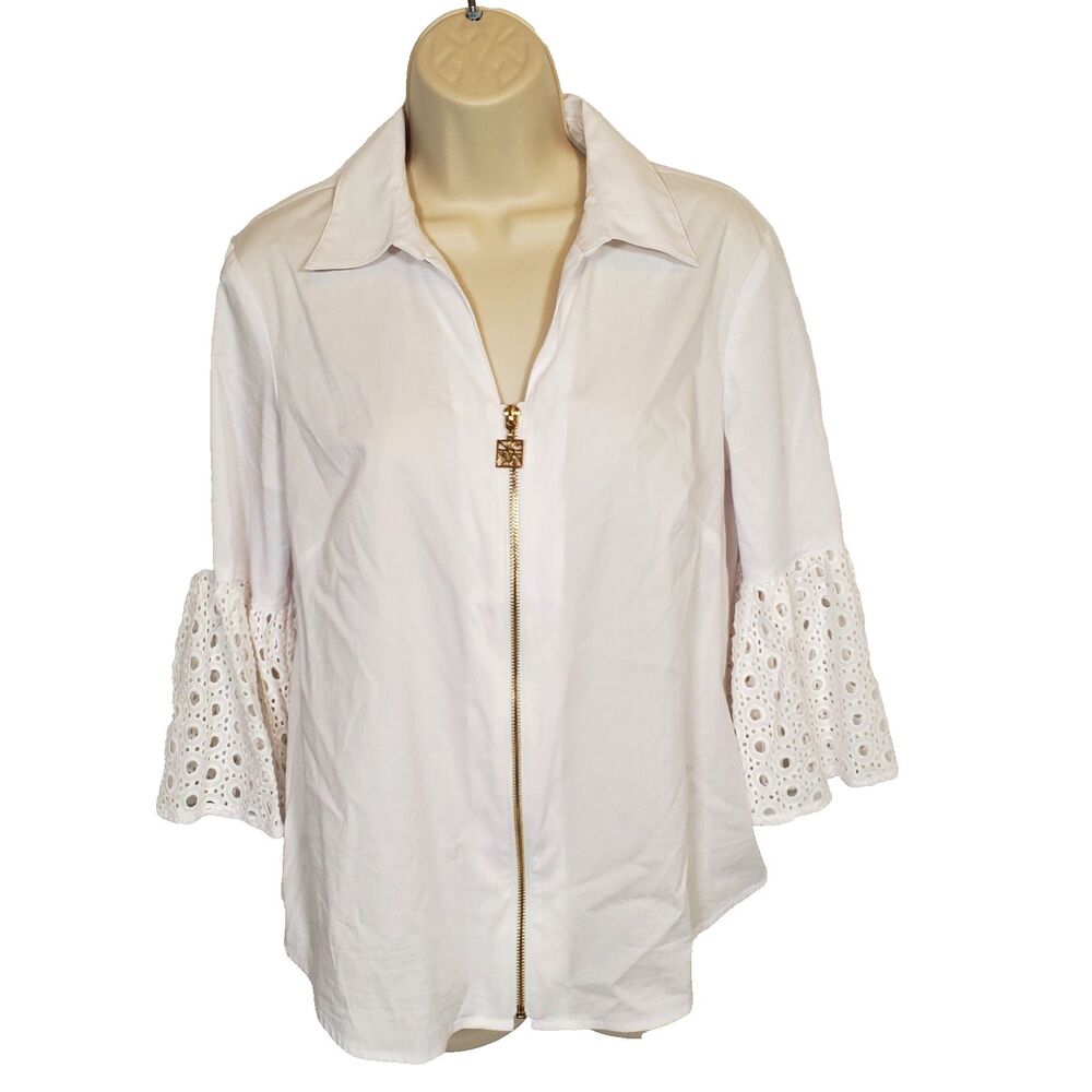 Anne Klein Women's Blouse Small White Full Zip Top Oversized Shirt Lace